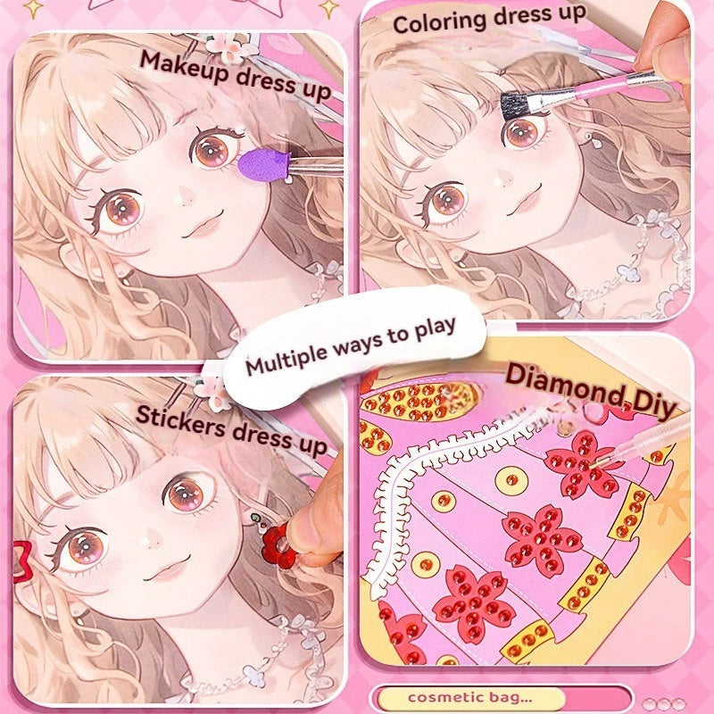 A collage showing various craft activities including makeup dress up, coloring dress up, and stickers dress up.