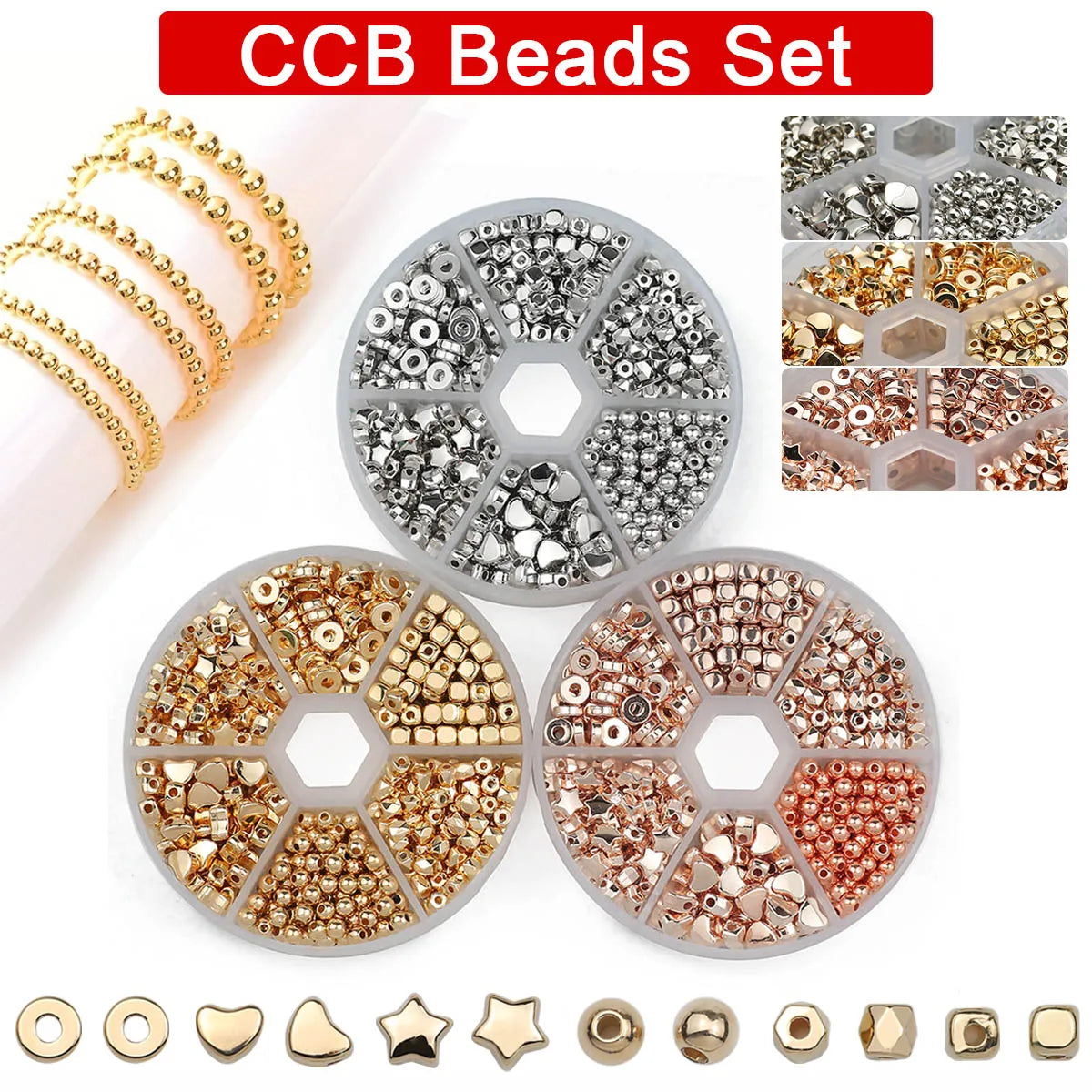 A set of gold and silver plated beads for jewelry making, including various shapes like round, heart, star, and square.