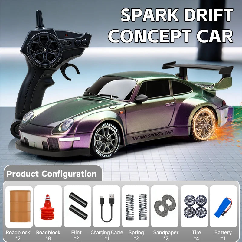 A model concept car for a spark drift, featuring a green and purple sports car with various RC components.