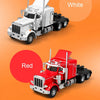 Diecast container truck model in white and red colors shown against an orange background.