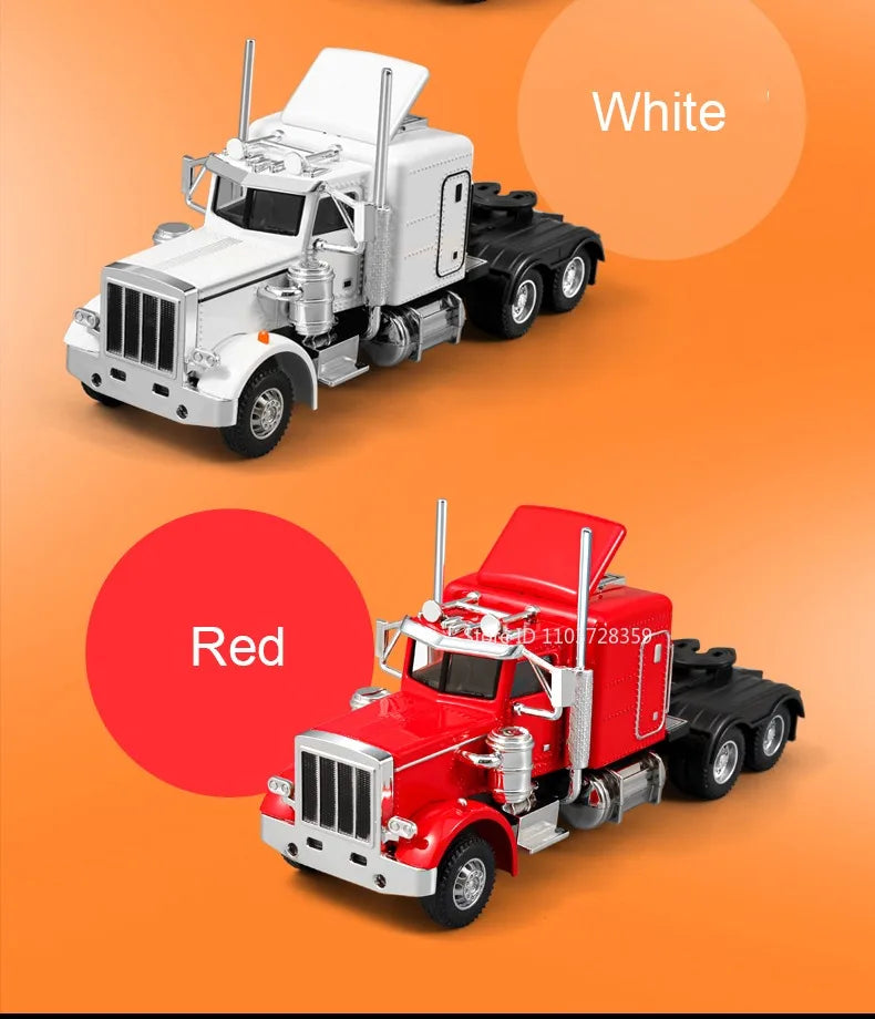 Diecast container truck model in white and red colors shown against an orange background.
