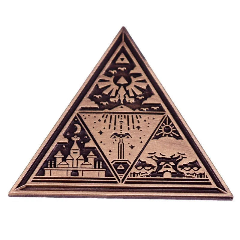 A wooden enamel pin brooch featuring a geometric triangle design with various celestial and stylized elements.