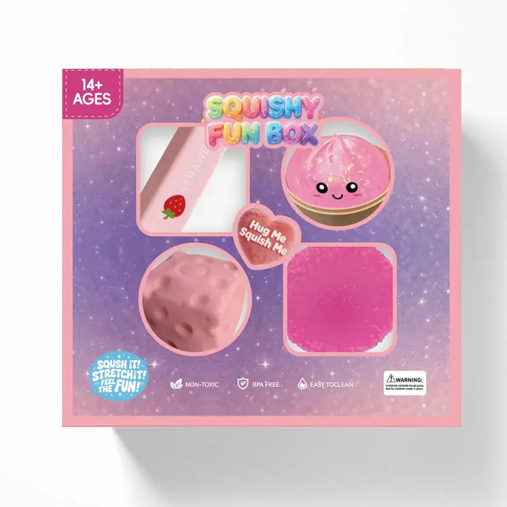 A pink squishy fun box set featuring various soft, slow-rebound fidget toys and stress relief items.