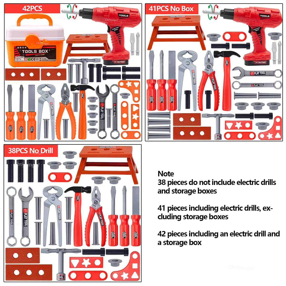 A collection of various tools and accessories including drills, pliers, and screwdrivers packaged in boxes.