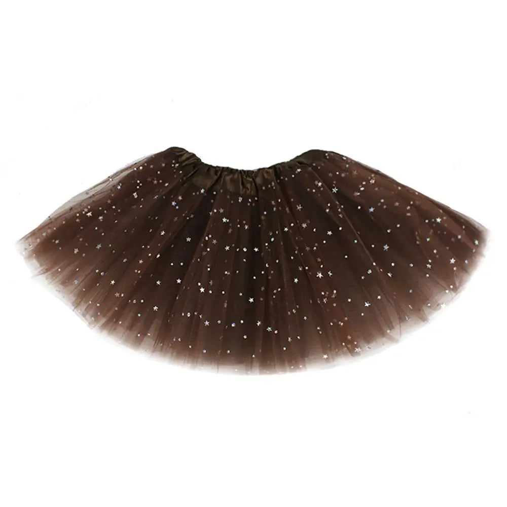 A dark brown tulle tutu dress for girls decorated with sparkling stars.