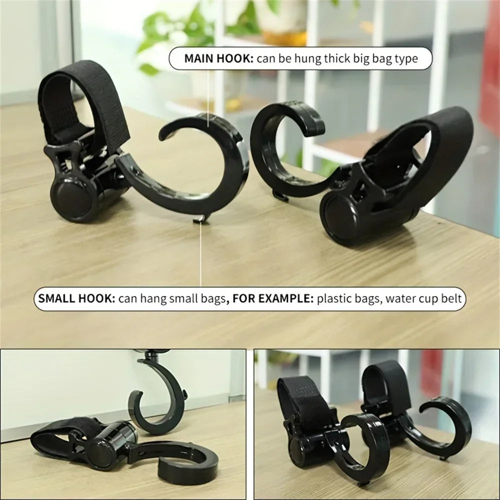 A pair of black 360° rotating stroller hooks are shown with instructions for hanging big bags and small bags.