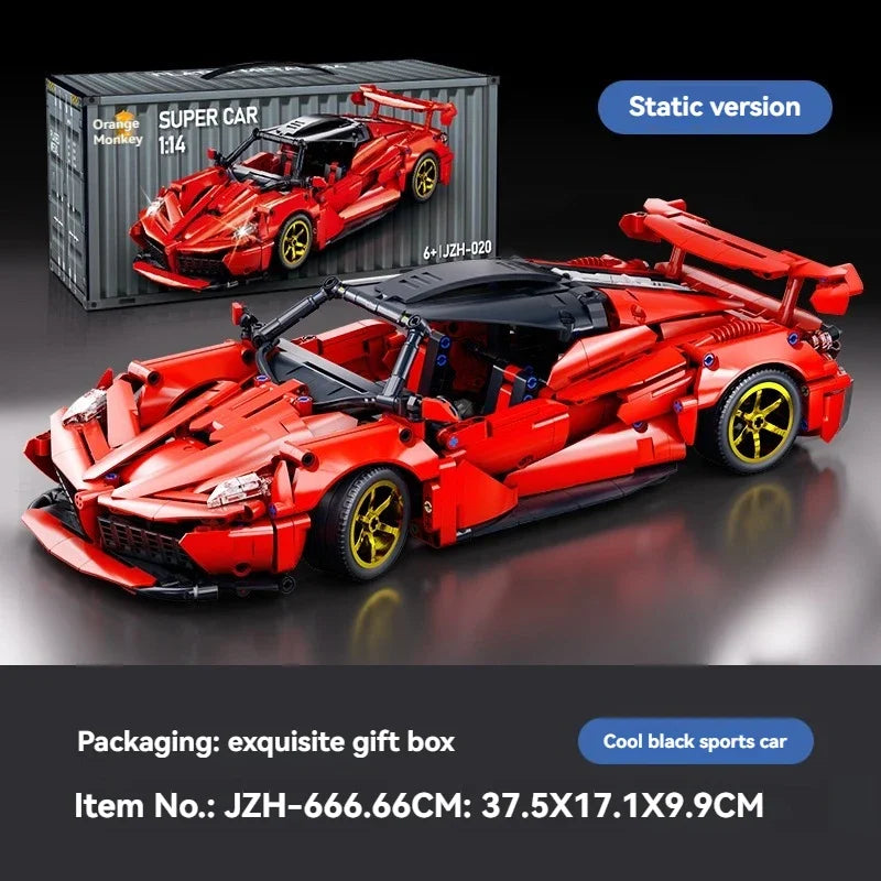 A red Supercar model kit in static version displayed next to its packaging box.