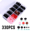 A clear plastic box filled with various black, red, and brown safety eyes and noses for dolls and stuffed animals.
