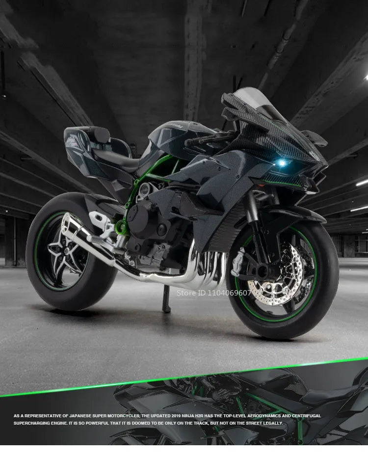A black sport motorcycle model is shown in a studio setting with green accents and metallic exhaust.