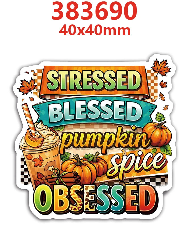 Stressed Blessed pumpkin spice obsessed decal featuring autumn pumpkins and spices