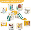 An 8-in-1 toddler slide set featuring a climbing structure, basketball, telescope, steering wheel, storage, tunnel, and peeka