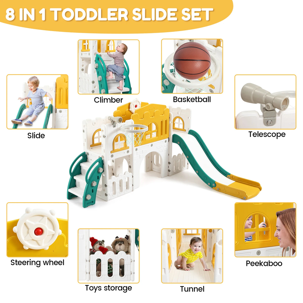 An 8-in-1 toddler slide set featuring a climbing structure, basketball, telescope, steering wheel, storage, tunnel, and peeka