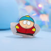 A cartoon enamel pin featuring a blue-capped character with a red jacket is set in a clear stone.