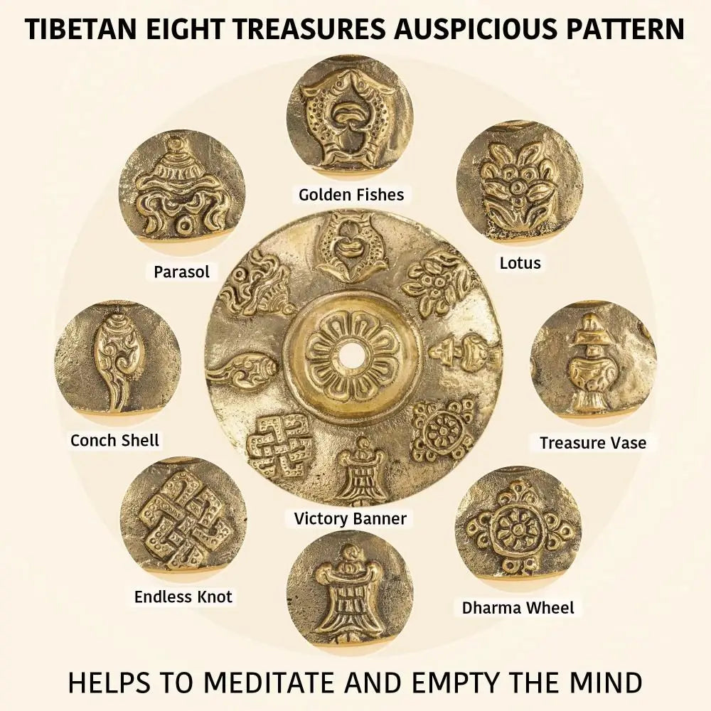 Tibetan eight treasures auspicious pattern featuring various brass symbols for meditation