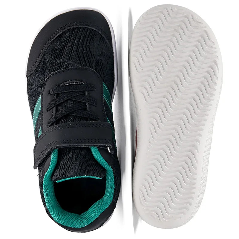 A pair of black and teal minimalist barefoot sneakers shown from the top view and sole view.