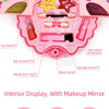 Pink makeup toy set with a multi-layer shell case featuring lipsticks, eyeshadows, and brushes.