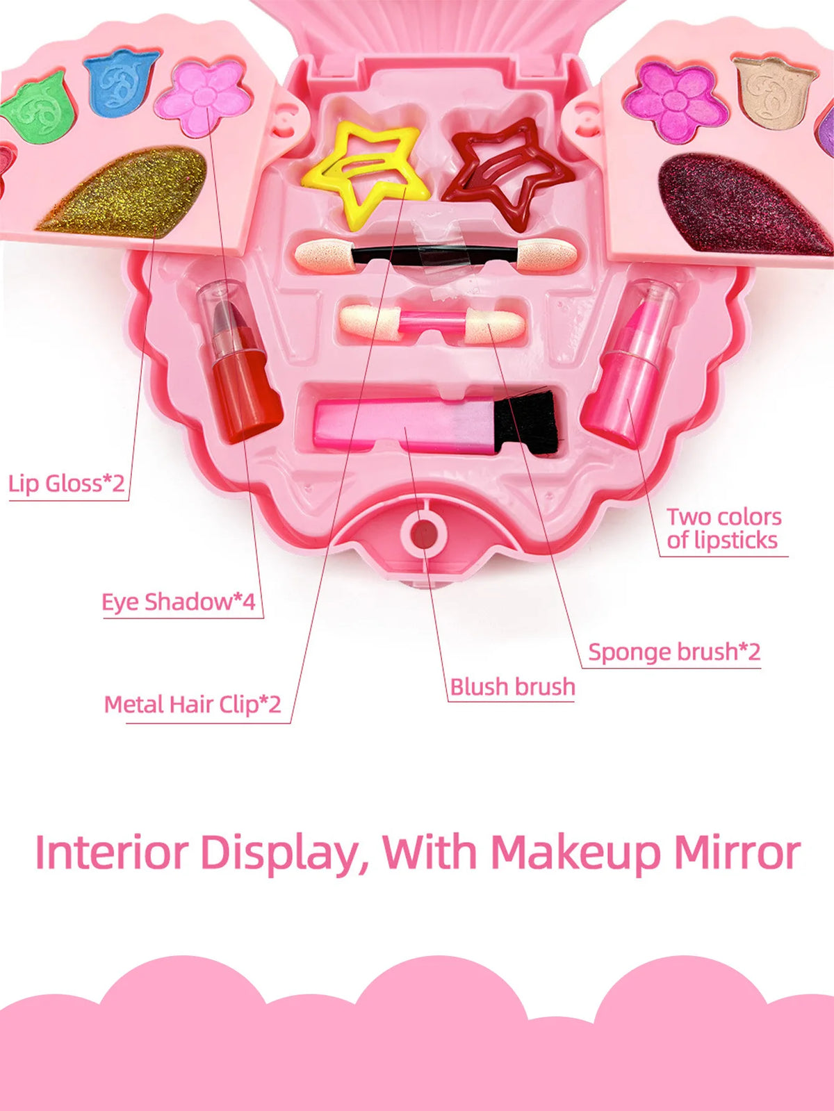 Pink makeup toy set with a multi-layer shell case featuring lipsticks, eyeshadows, and brushes.