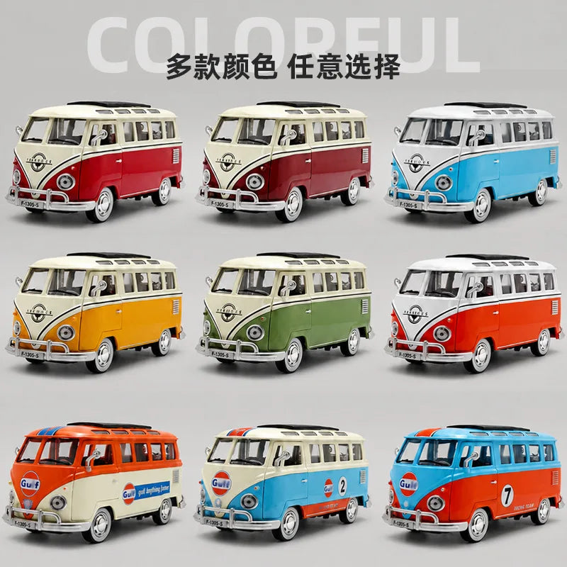 A collection of colorful vintage style metal bus diecast models in various colors and paint schemes.