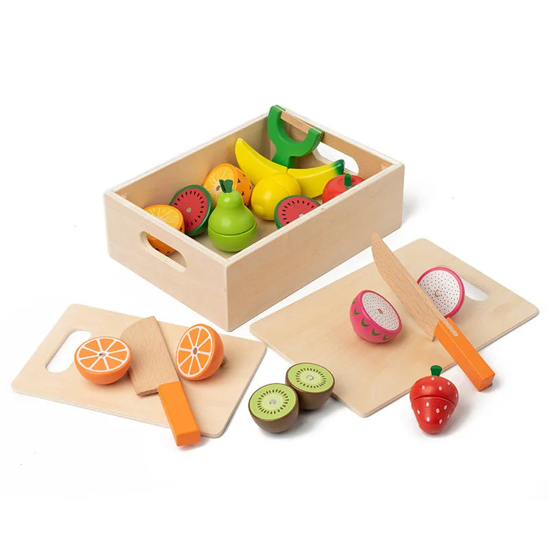 A wooden magnetic fruit cutting play set featuring various fruits and a knife in a wooden box.