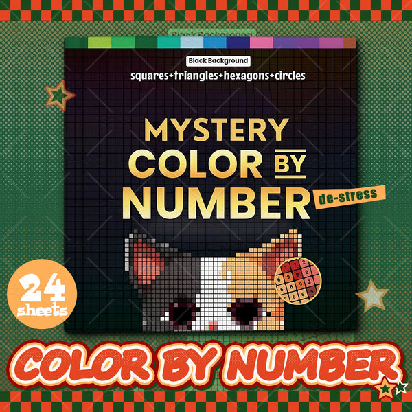 Cover of a mystery color by number activity book featuring a pixel art cat and geometric shapes.