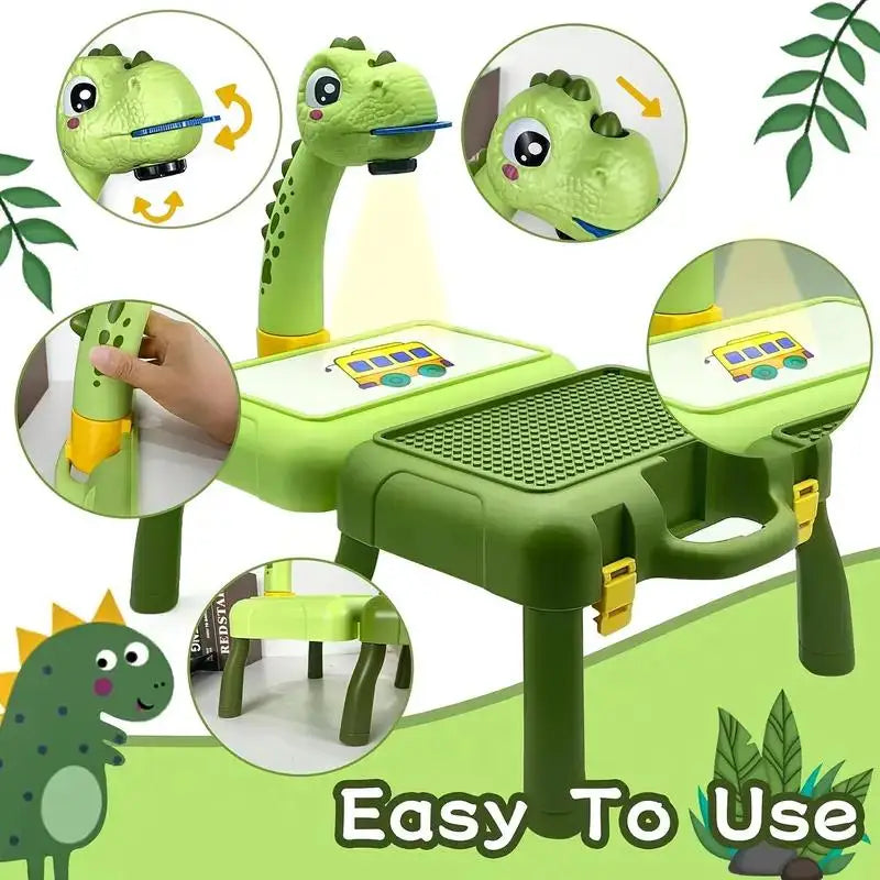 A green kids drawing projector is shown with various learning activities and a small green dinosaur.