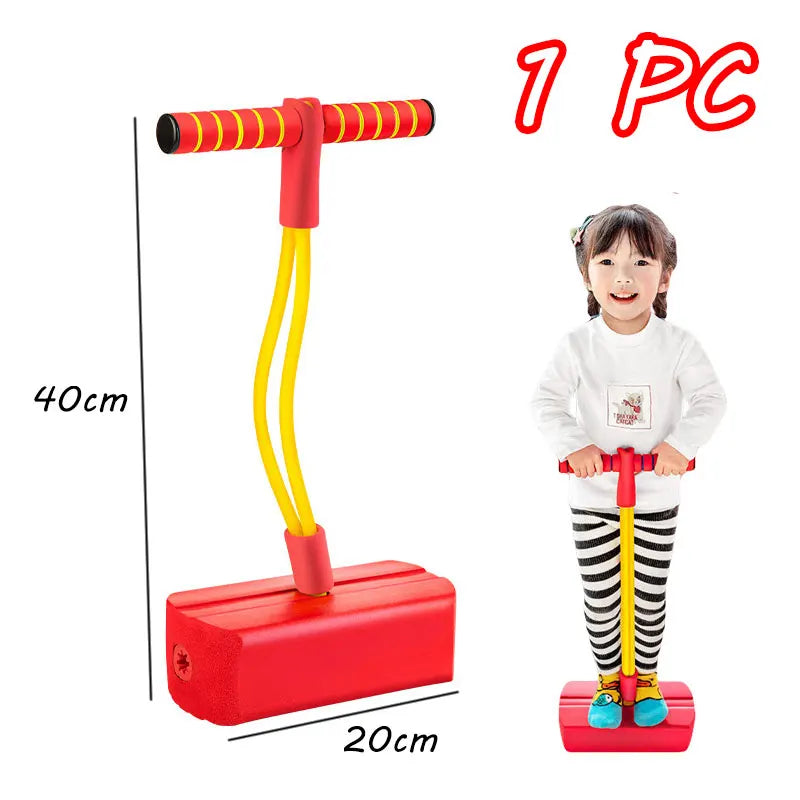 A red balance stone sensory training toy set with a yellow handle and red base, shown next to a child.