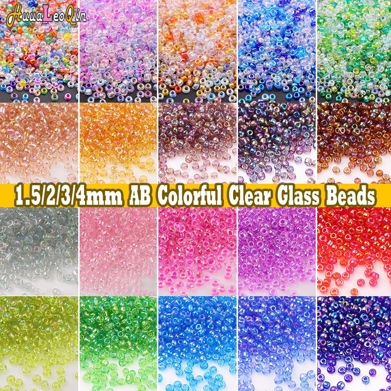 A collection of colorful clear glass seed beads in various shades and sizes for jewelry making