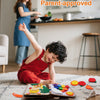 A young child is playing with a Montessori felt busy board featuring various colorful shapes and activities on a rug.