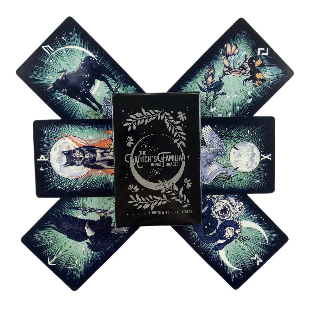 A set of twelve dark and light-colored oracle cards featuring mystical imagery for divination.