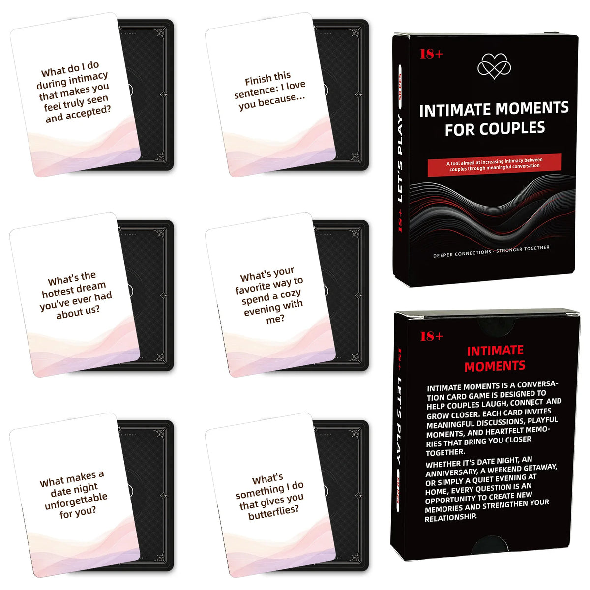 A set of intimate moments conversation starter cards for couples featuring various prompts and themes.