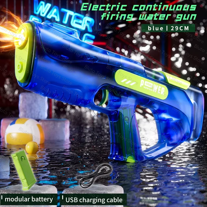 Blue electric continuous firing water gun with a green nozzle and modular battery on a dark surface.