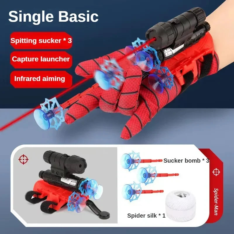 A hand wearing a red glove is shown launching blue suction cup projectiles, with components like a capture launcher and infra