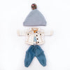 A denim jacket, jeans, and knit hat for 1/12 scale dolls.