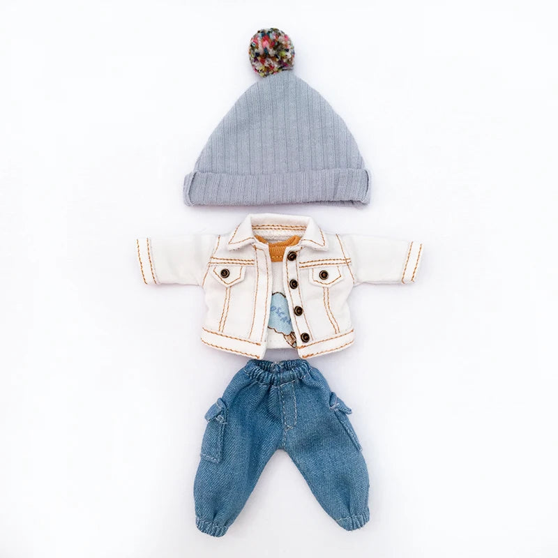 A denim jacket, jeans, and knit hat for 1/12 scale dolls.
