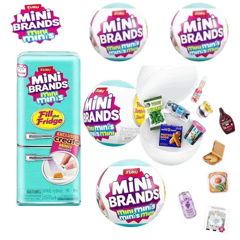 A collection of Mini Brands collectible toys in various packaging and display forms.