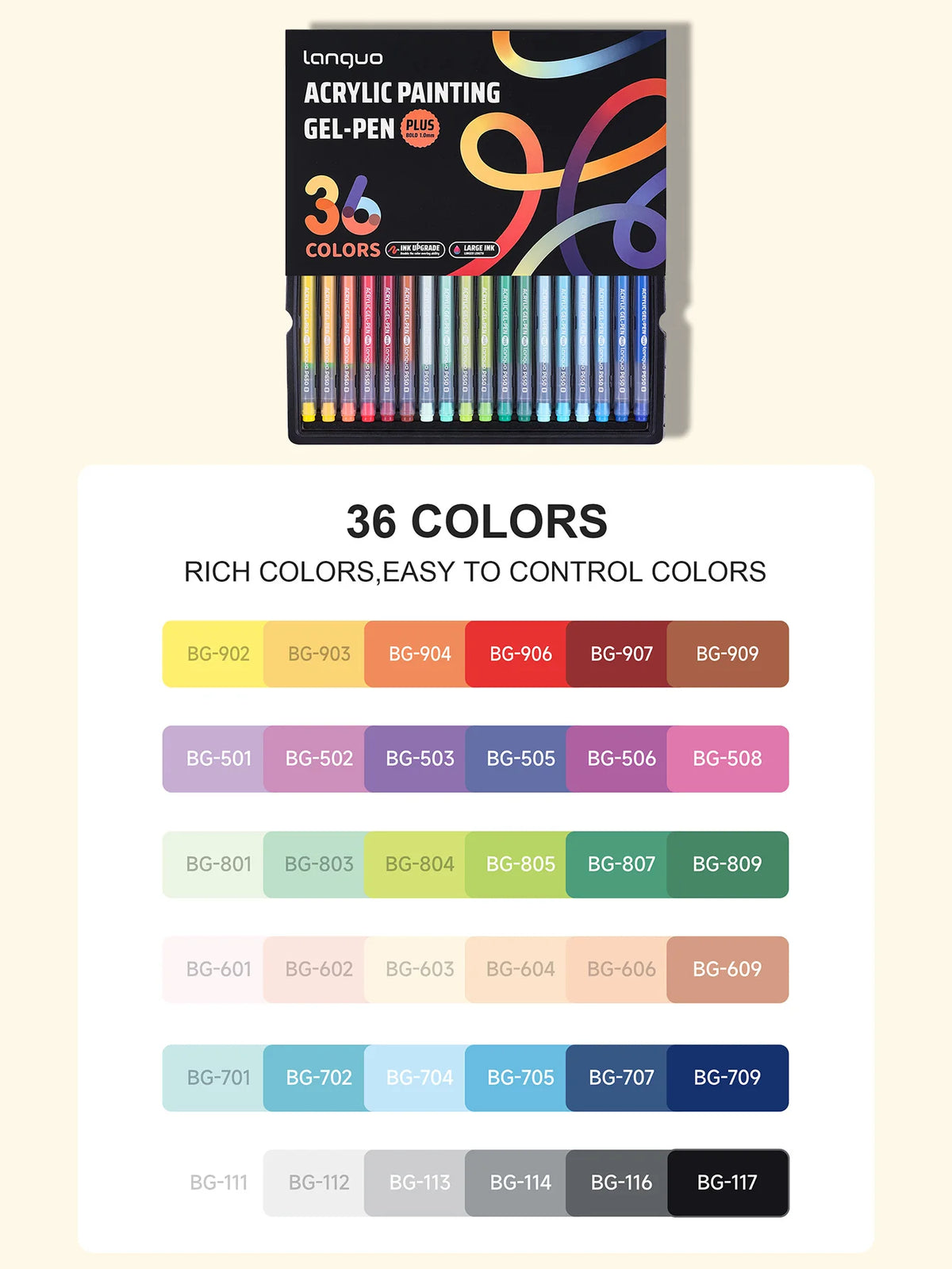 A box of Lanquo Acrylic Painting Gel-Pen set featuring 36 colors organized in rows.