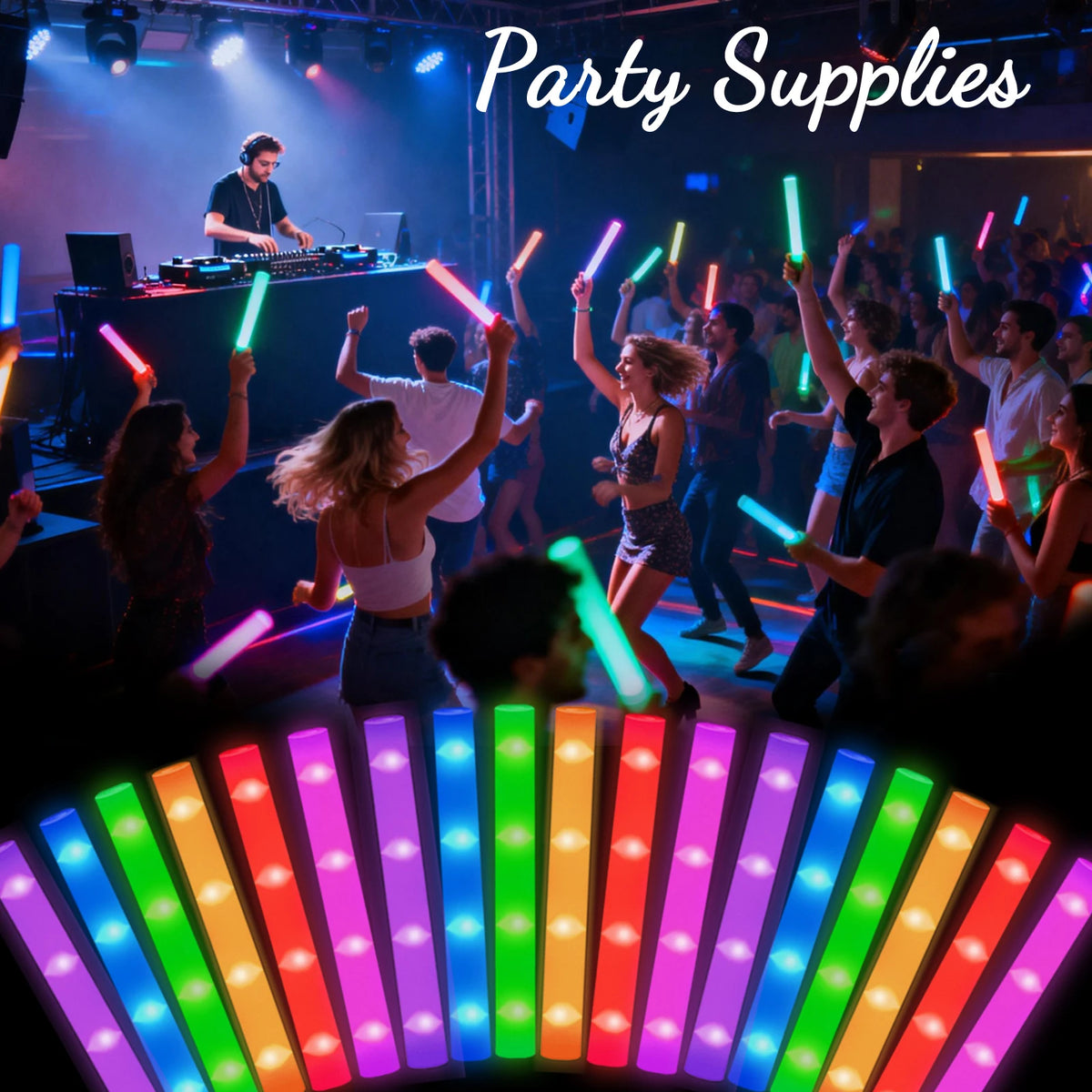 A close-up view of colorful LED foam glow sticks illuminating a crowd at a party.