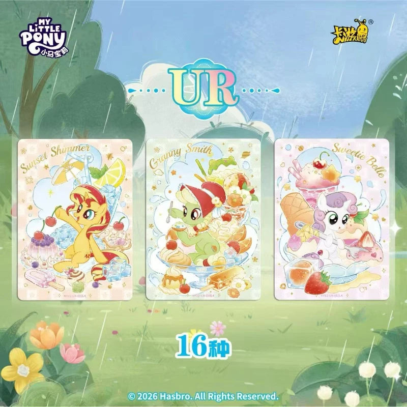 A set of twelve My Little Pony collection cards featuring characters like Sunset Shimmer, Granny Smith, and Sweetie Belle.