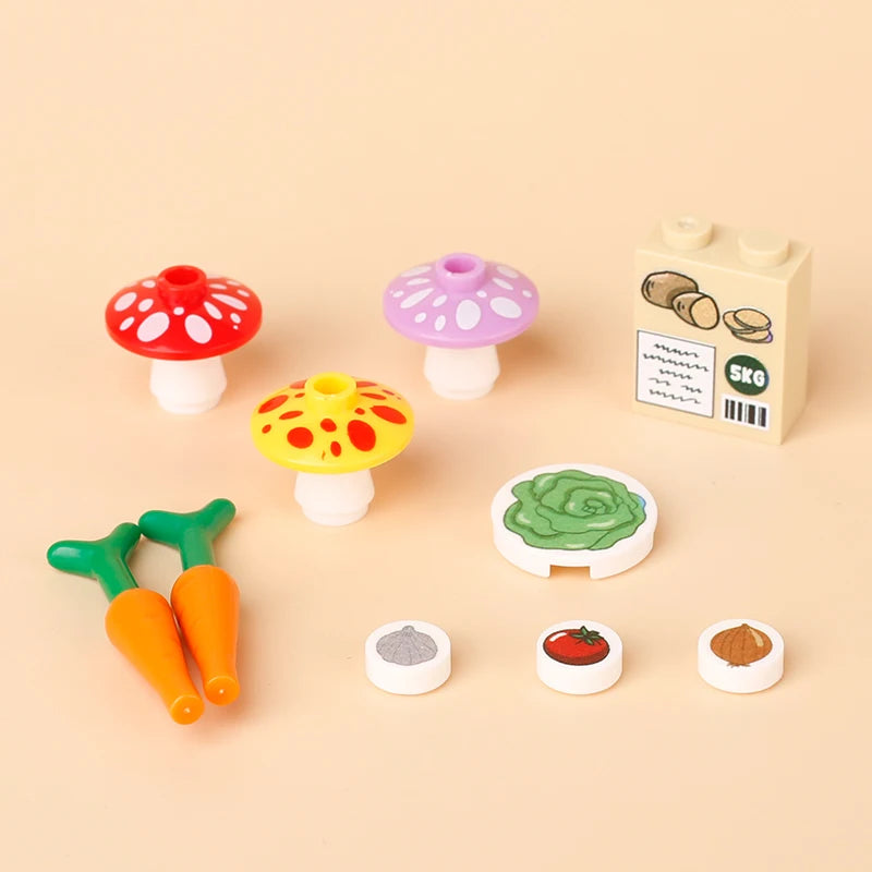 A set of mini food building blocks featuring various shapes like mushrooms, pizza, cake, and condiment bricks.