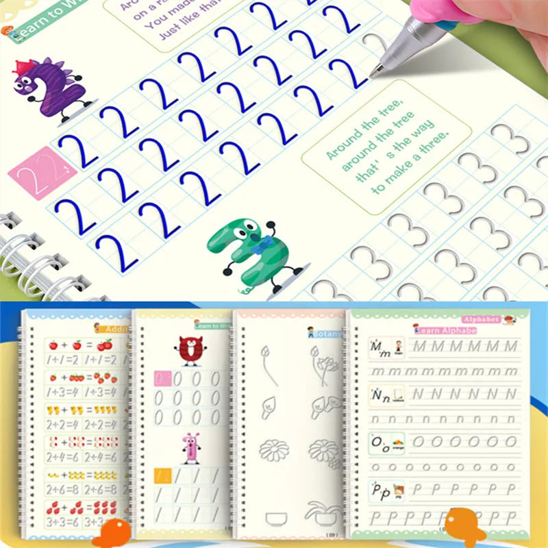 A colorful reusable magic copybook set with lined pages and various writing practice exercises for early skills.