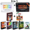 A set of nine Unstable Unicorns expansion packs and a Dungeon Mayhem Monster Madness card game box.