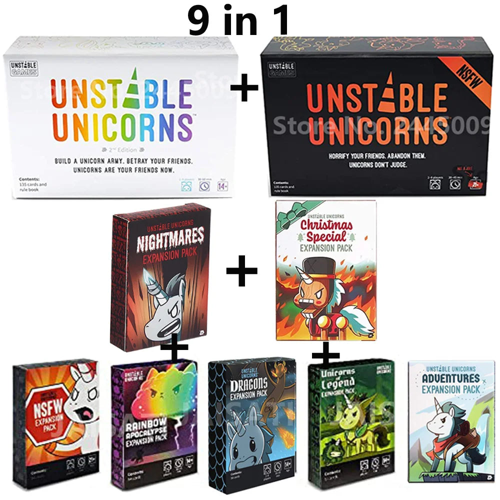 A set of nine Unstable Unicorns expansion packs and a Dungeon Mayhem Monster Madness card game box.
