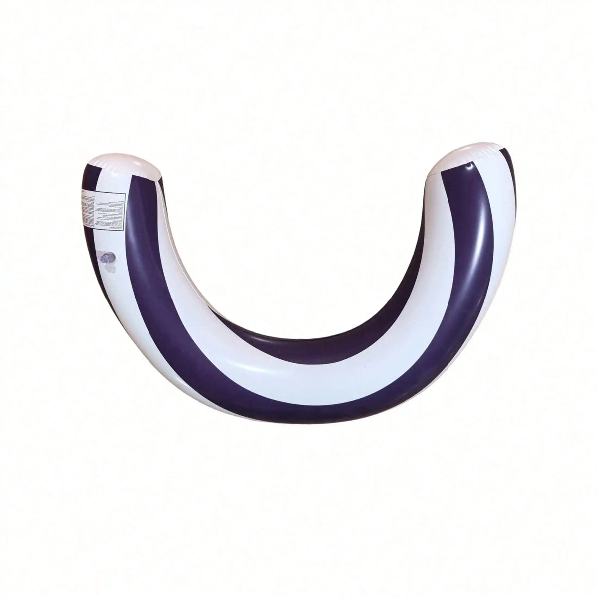 A purple and white striped U-shaped inflatable pool float for adults.