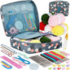 A 59-piece beginner crochet kit with various yarn and tools is shown inside a blue organizer case.