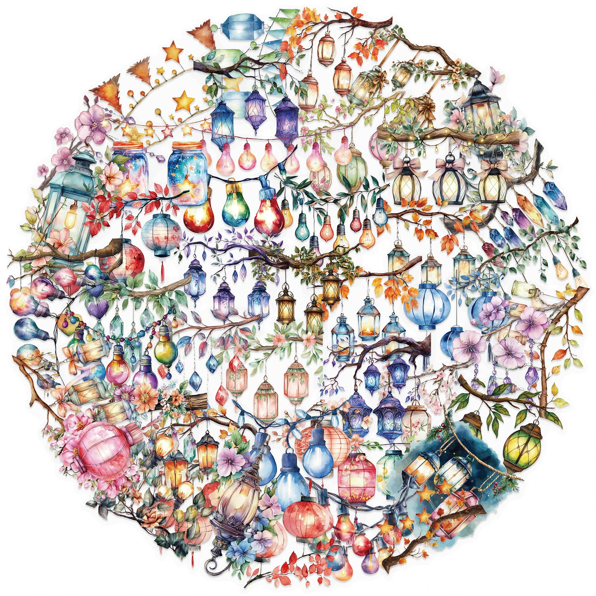 A circular arrangement of colorful glass lanterns and floral elements used as waterproof decals or stickers.