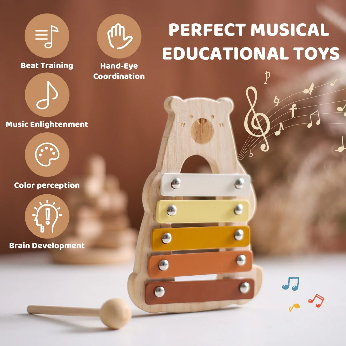 A wooden bear musical instrument set with various educational components for toddlers.