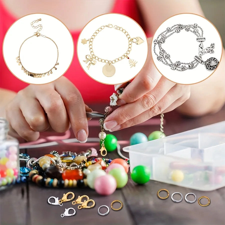 Hands are assembling jewelry using lobster clasps and open jump rings for crafting.