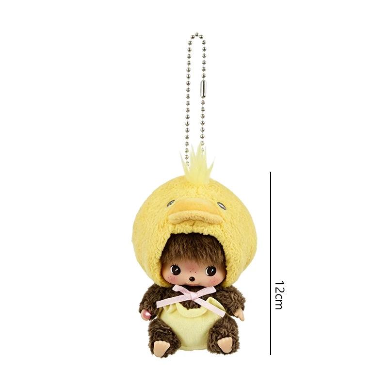 A yellow plush cartoon character with a fluffy texture and a small pink bow, shown against a white background.