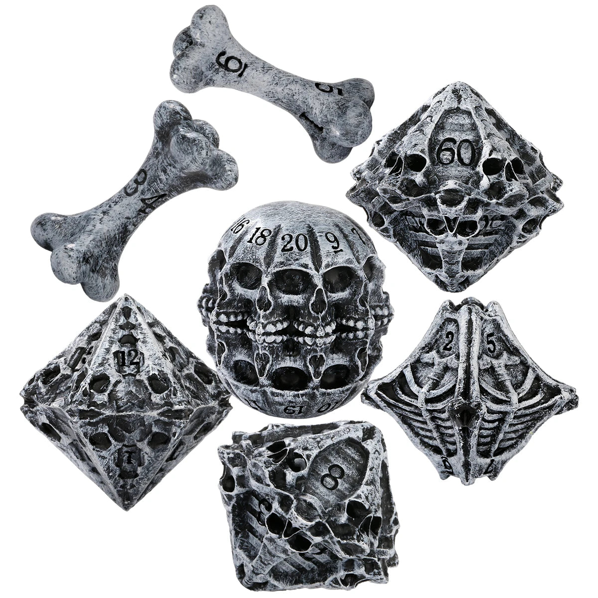 A set of carved bone skull polyhedral dice showing various angles and facets.