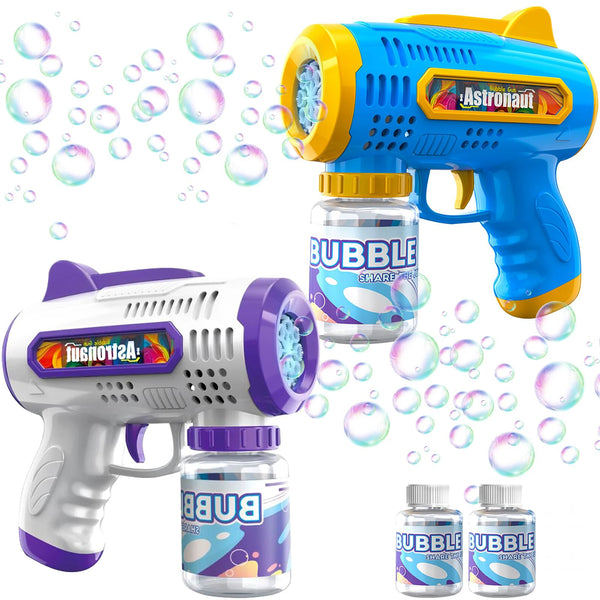 A blue and yellow Astronaut bubble blower toy gun and a purple bubble gun with liquid bubbles.